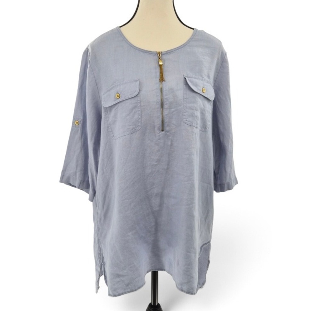 Ellen Tracy Linen Tunic Womens Large Blue Zip Roll Tab Sleeve Coastal Lagenlook